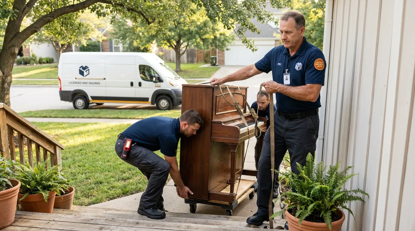 Licensed piano movers securing grand piano in Clarksville, VA