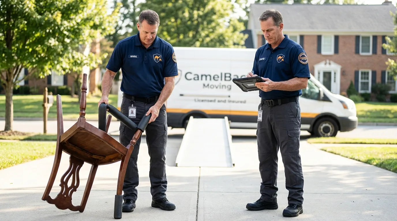 Movers inspecting furniture for damage prevention before loading in Clarksville, VA